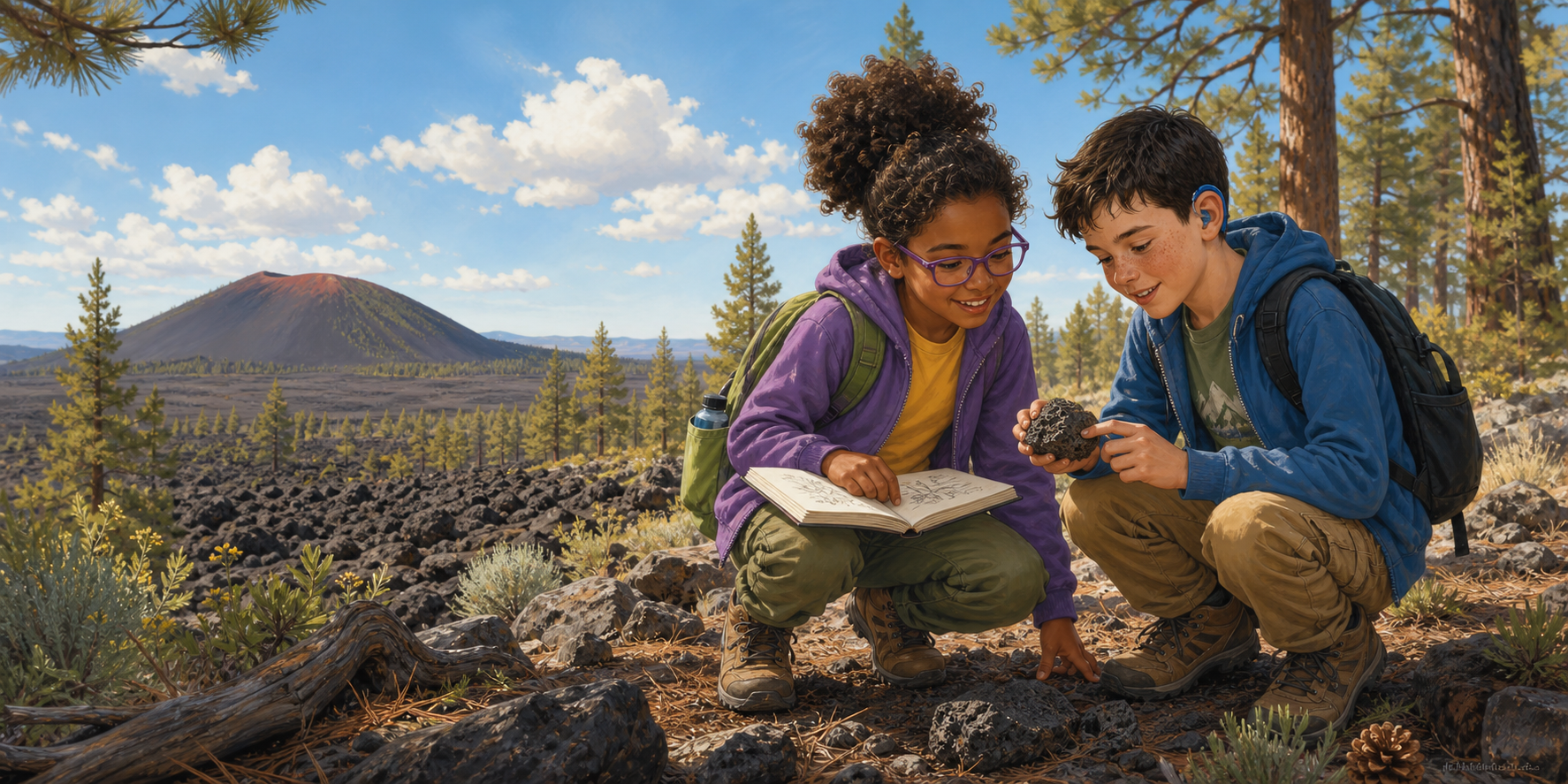 Ava sketches while Finn examines a volcanic rock outdoors at Sunset Crater.